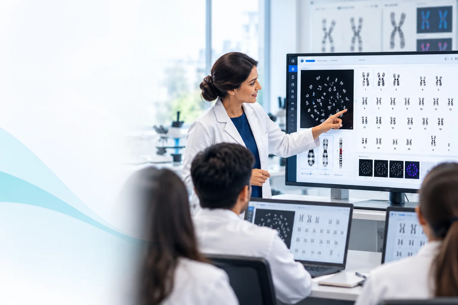 An instructor walks trainees through a karyotype on a large display while they follow along on laptops